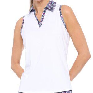 NWT! Belyn Key Cutaway Sleeveless Golf‎ Polo Tank Stem Floral White - Size L